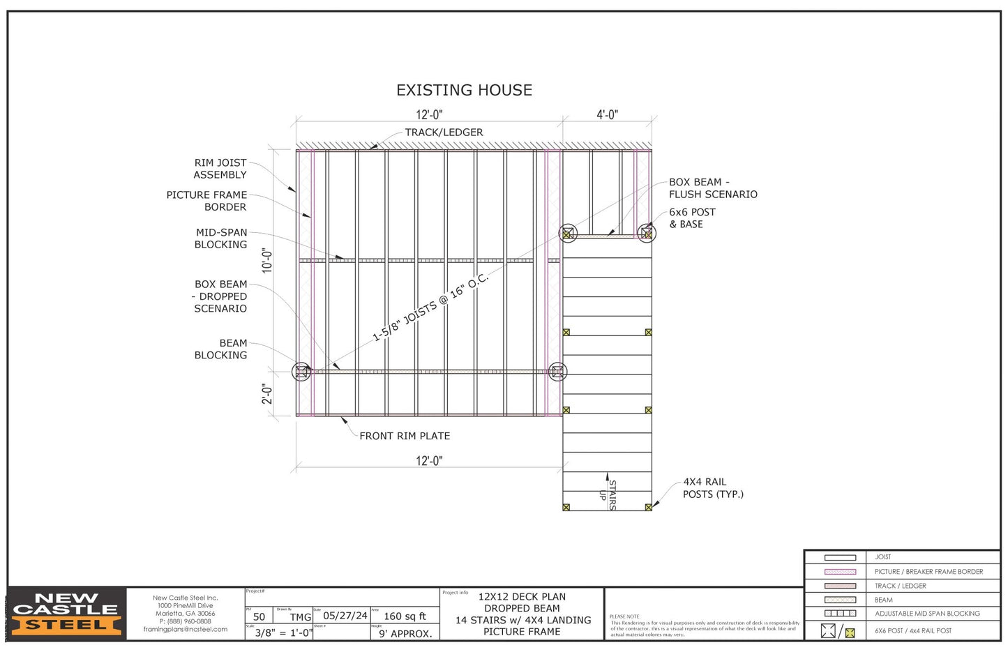 New Castle Steel Deck Framing Kit (Black) - 12x12 Deck, Dropped Beam, Picture Frame, 14 Stairs with 4x4 Landing - Advantage Lumber