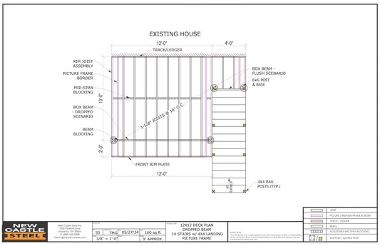 New Castle Steel Deck Framing Kit (Black) - 12x12 Deck, Dropped Beam, Picture Frame, 14 Stairs with 4x4 Landing - Advantage Lumber