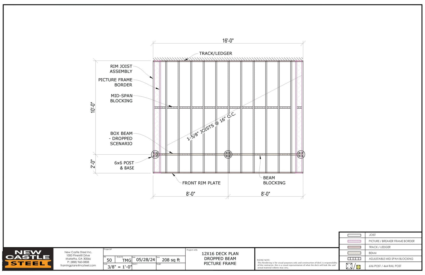 New Castle Steel Deck Framing Kit (Black) - 12x16 Deck, Dropped Beam, Picture Frame - Advantage Lumber
