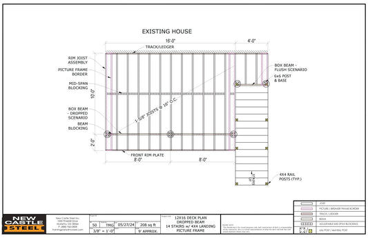 New Castle Steel Deck Framing Kit (Black) - 12x16 Deck, Dropped Beam, Picture Frame, 14 Stairs with 4x4 Landing - Advantage Lumber