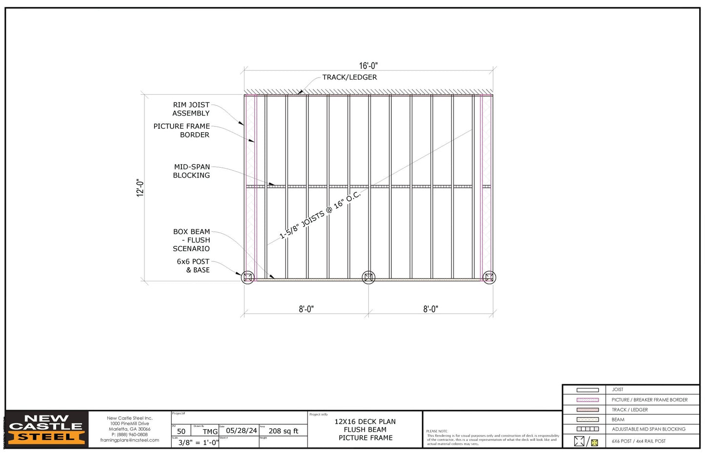 New Castle Steel Deck Framing Kit (Black) - 12x16 Deck, Flush Beam, Picture Frame - Advantage Lumber