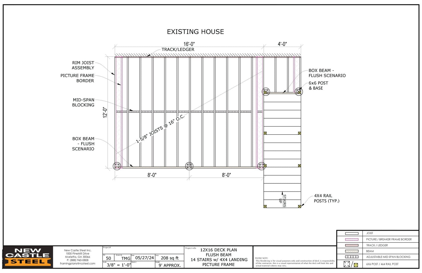New Castle Steel Deck Framing Kit (Black) - 12x16 Deck, Flush Beam, Picture Frame, 14 Stairs with 4x4 Landing - Advantage Lumber