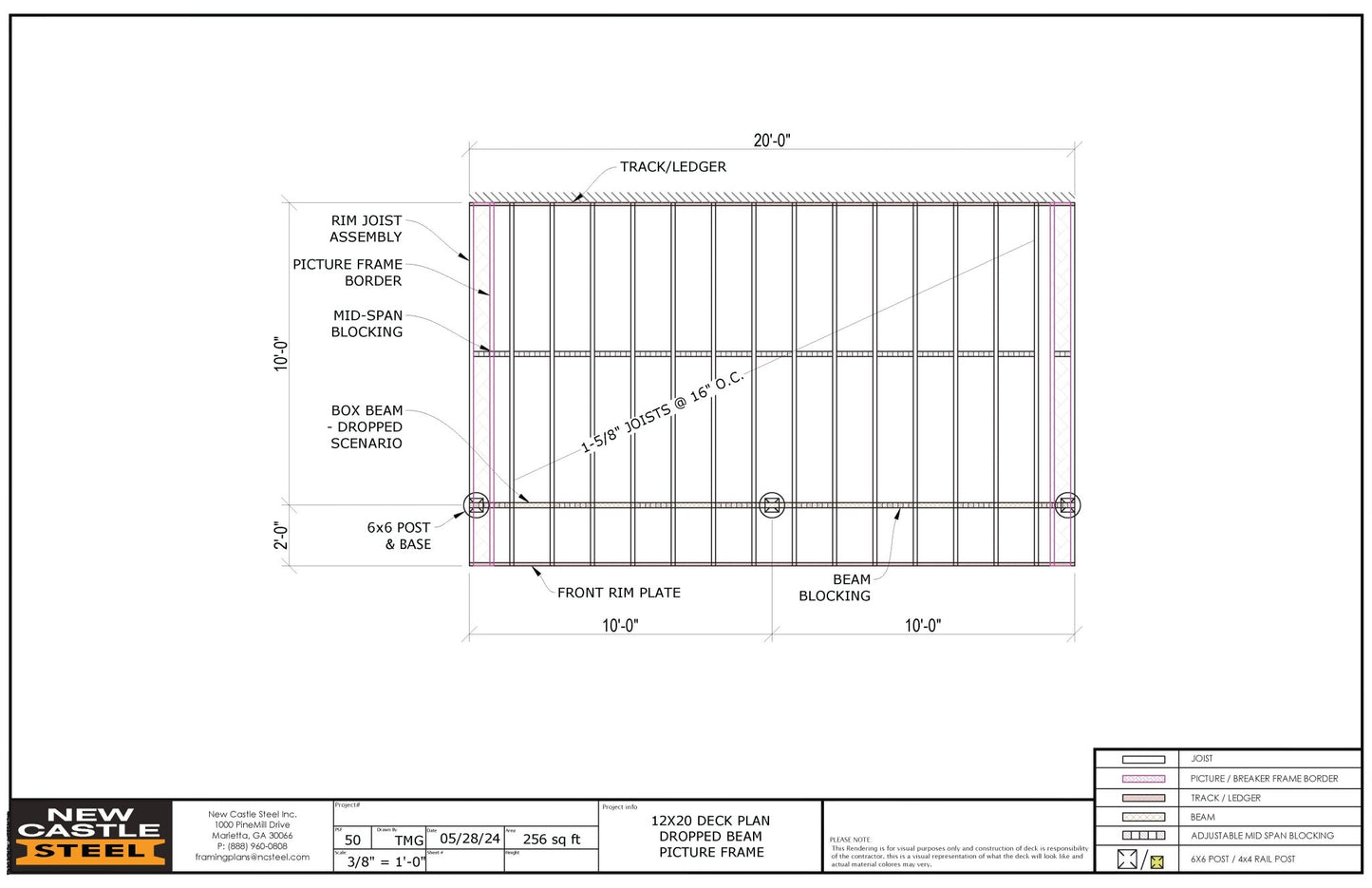 New Castle Steel Deck Framing Kit (Black) - 12x20 Deck, Dropped Beam, Picture Frame - Advantage Lumber
