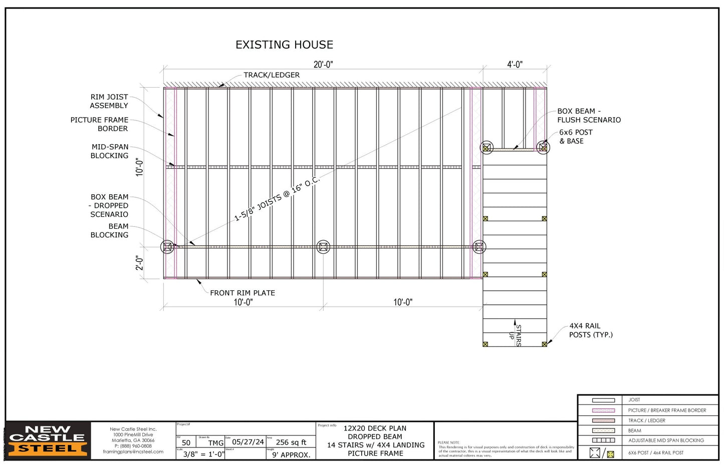 New Castle Steel Deck Framing Kit (Black) - 12x20 Deck, Dropped Beam, Picture Frame, 14 Stairs with 4x4 Landing - Advantage Lumber