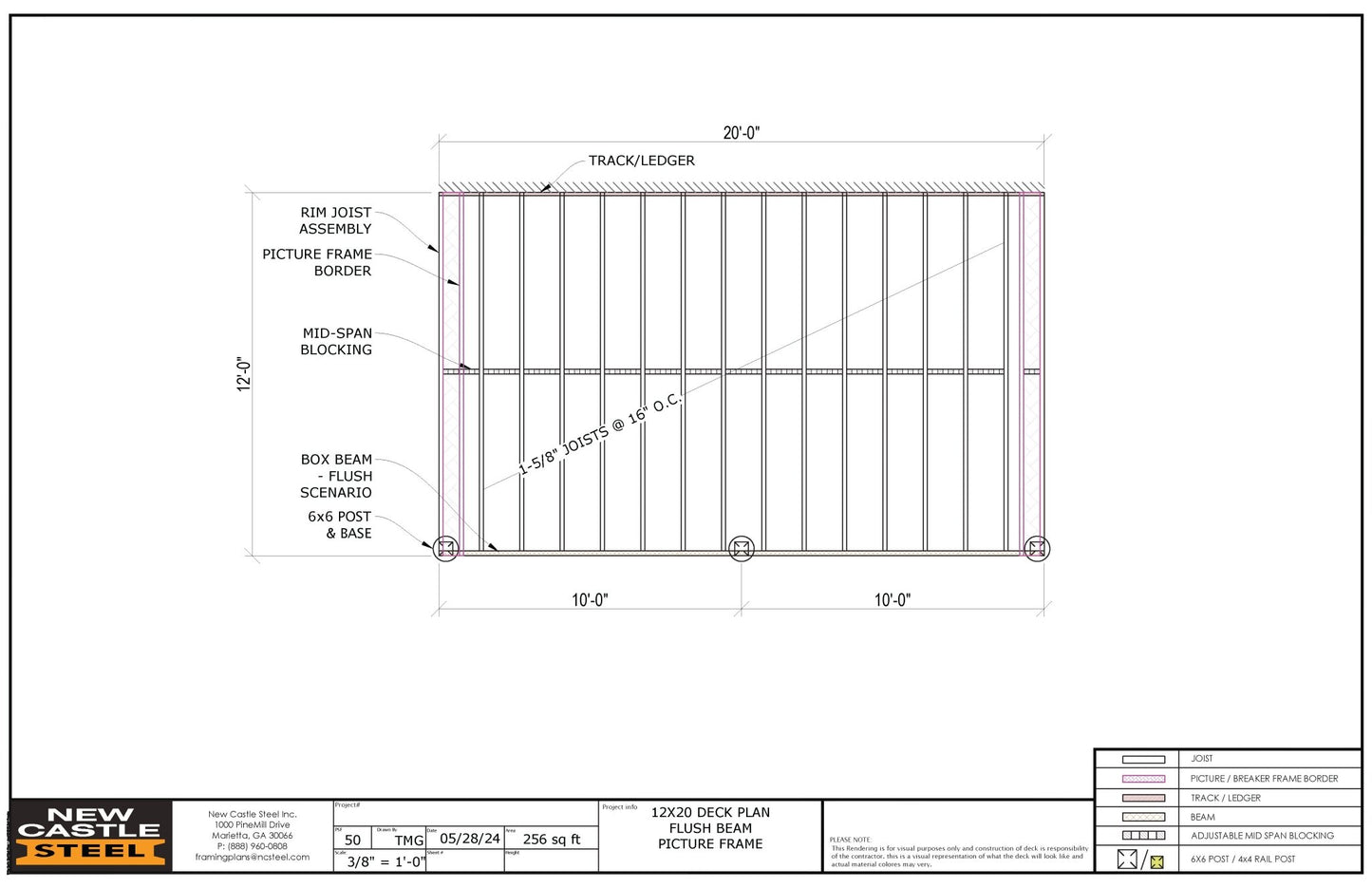 New Castle Steel Deck Framing Kit (Black) - 12x20 Deck, Flush Beam, Picture Frame - Advantage Lumber