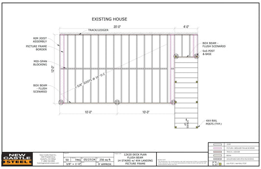 New Castle Steel Deck Framing Kit (Black) - 12x20 Deck, Flush Beam, Picture Frame, 14 Stairs with 4x4 Landing - Advantage Lumber