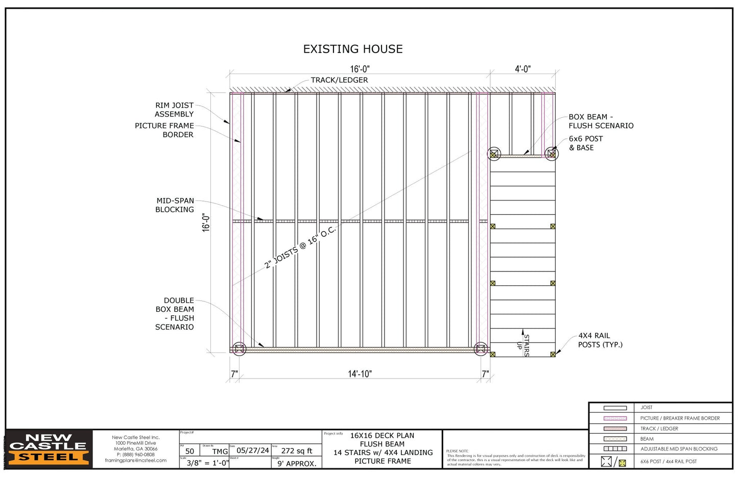 New Castle Steel Deck Framing Kit (Black) - 16x16 Deck, Flush Beam, Picture Frame, 14 Stairs with 4x4 Landing - Advantage Lumber