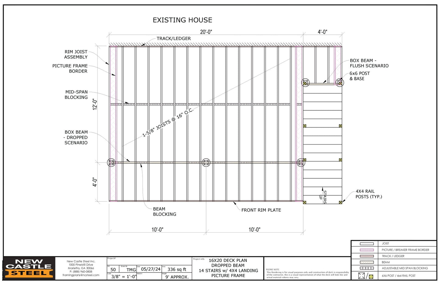 New Castle Steel Deck Framing Kit (Black) - 16x20 Deck, Dropped Beam, Picture Frame, 14 Stairs with 4x4 Landing - Advantage Lumber