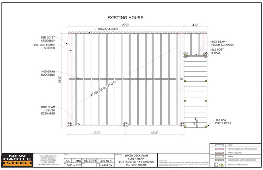 New Castle Steel Deck Framing Kit (Black) - 16x20 Deck, Flush Beam, Picture Frame, 14 Stairs with 4x4 Landing - Advantage Lumber