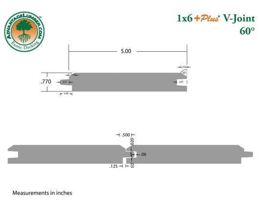 1 x 6 +Plus® Brazilian Redwood (Massaranduba) Wood 60° V-Joint - Advantage Lumber