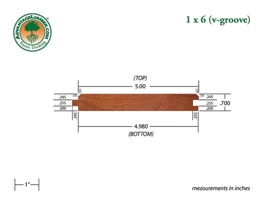 1 x 6 Golden Mahogany™ (Yellow Balau) Wood 45° V-Groove