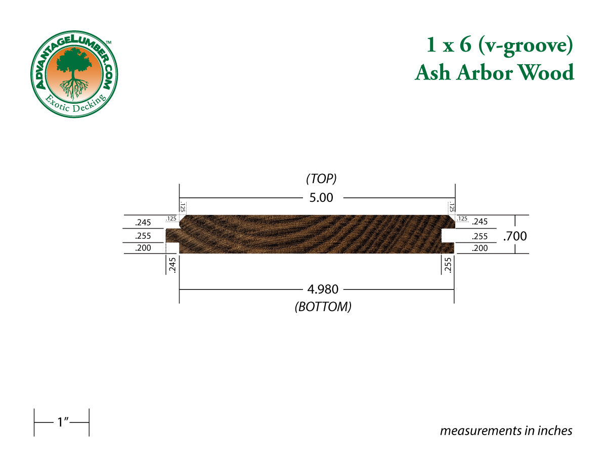 Arbor Wood Thermally Modified Natrl Ash, 1x6 45° V-Groove