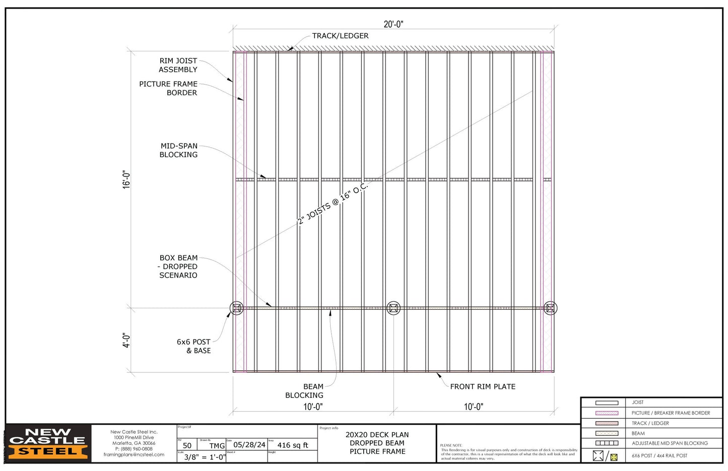 New Castle Steel Deck Framing Kit (Black) - 20x20 Deck, Dropped Beam, Picture Frame - Advantage Lumber
