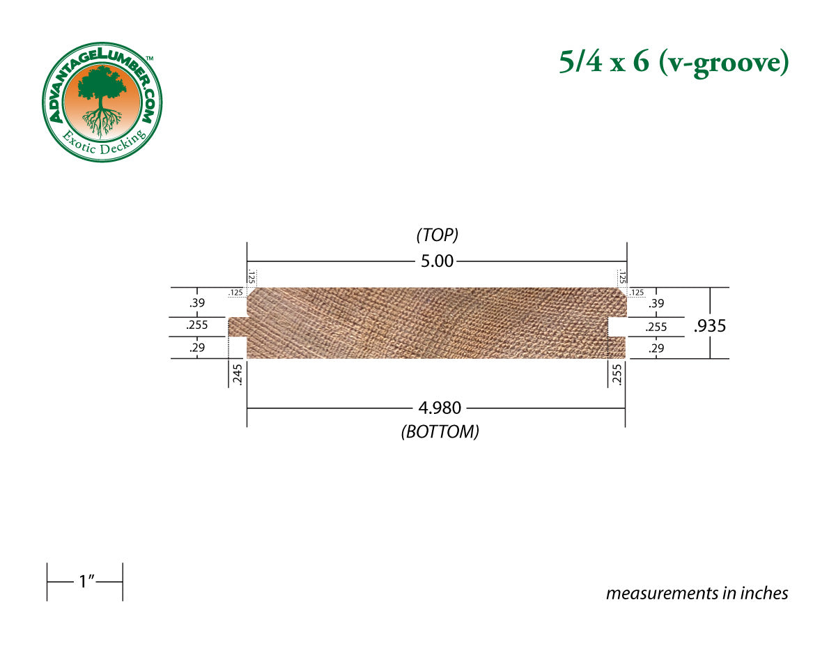 5/4x6 Western Red Cedar 45° V-Groove - Clear Vertical Grain (CVG) - S4S/KD