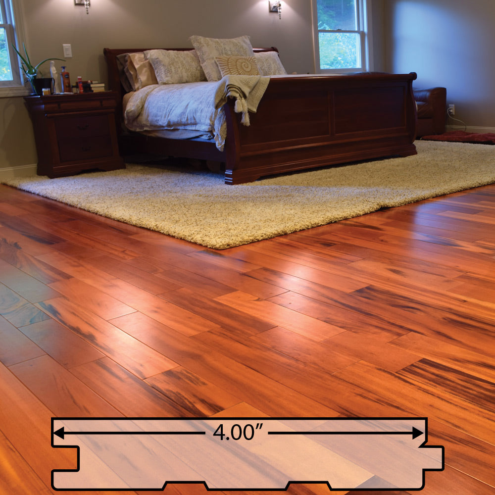 Tigerwood (Goncalo Alves, Muiracatiara, Brazilian Koa) Solid Flooring 4″ Prefinished Satin, $5.91/sqft