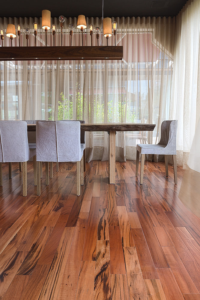 Tigerwood (Goncalo Alves, Muiracatiara, Brazilian Koa) Solid Flooring 4″ Prefinished Satin, $5.91/sqft