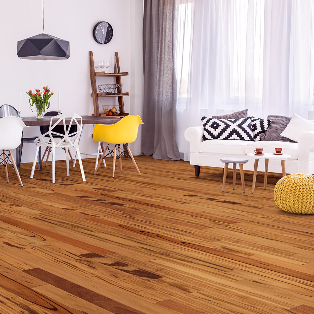 Tigerwood (Goncalo Alves, Muiracatiara, Brazilian Koa) Solid Flooring 4″ Prefinished Satin, $5.91/sqft