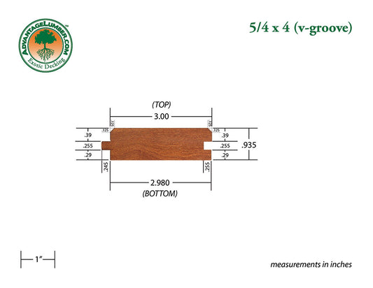 5/4 x 4 Golden Mahogany™ (Yellow Balau) Wood 45° V-Groove