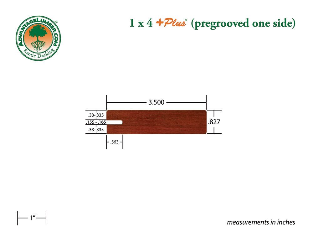 1 x 4 +Plus® Brazilian Redwood (Massaranduba) Wood One Sided Pre-Grooved Decking (21mm x 4) - Advantage Lumber