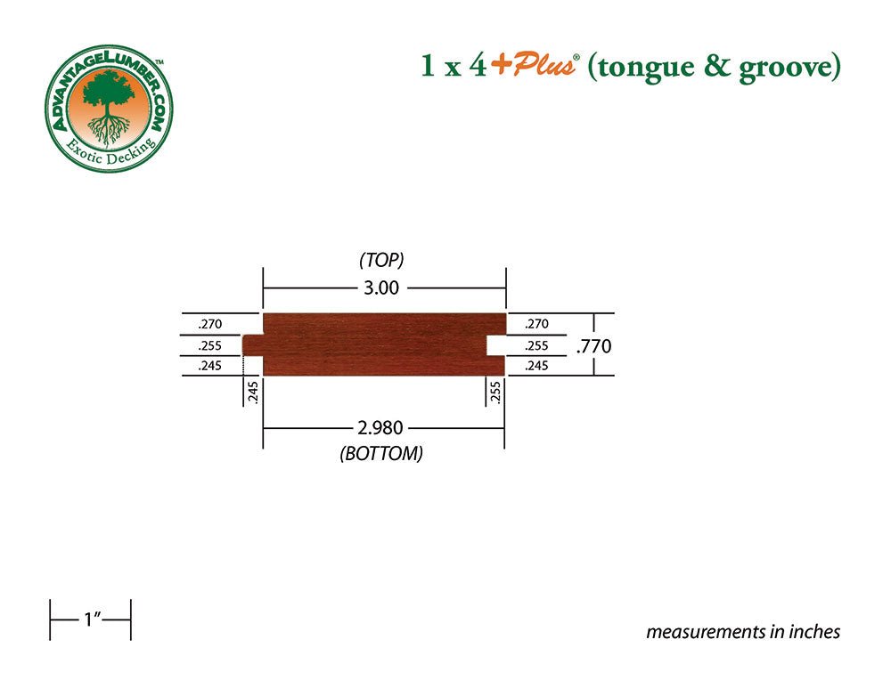 1 x 4 +Plus® Brazilian Redwood (Massaranduba) Wood T&G Square-Edge Decking (21mm x 4) - Advantage Lumber
