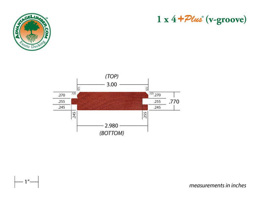 1 x 4 +Plus® Brazilian Redwood (Massaranduba) Wood 45° V-Groove (21mm x 4) - Advantage Lumber