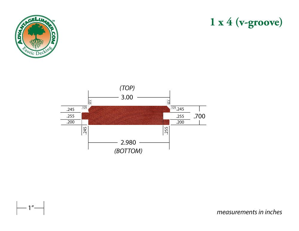 1 x 4 Brazilian Redwood (Massaranduba) Wood 45° V-Groove - Advantage Lumber