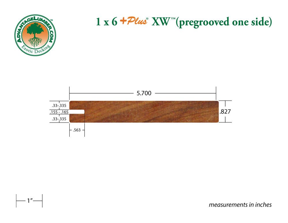 1 x 6 +Plus® XW™ Cumaru Wood One-Sided Pre-Grooved Decking (21mm x 145mm) - Advantage Lumber