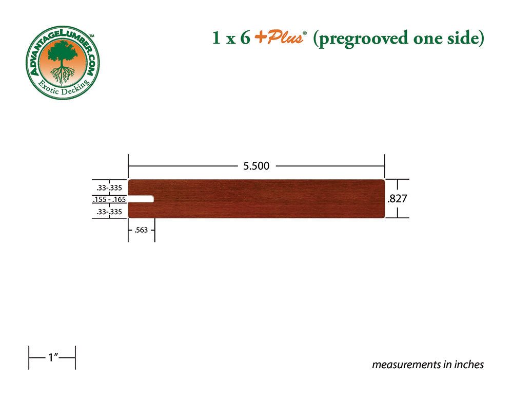1 x 6 +Plus® Brazilian Redwood (Massaranduba) One Sided Pre-Grooved Decking (21mm x 6) - Advantage Lumber
