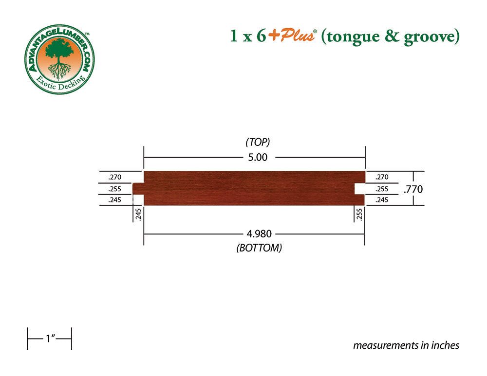 1 x 6 +Plus® Brazilian Redwood (Massaranduba) Wood T&G Square-Edge Decking - Advantage Lumber