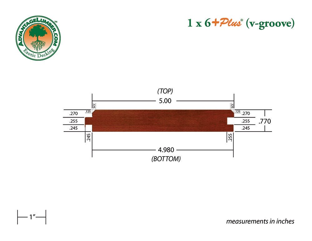 1 x 6 +Plus® Brazilian Redwood (Massaranduba) Wood 45° V-Groove - Advantage Lumber