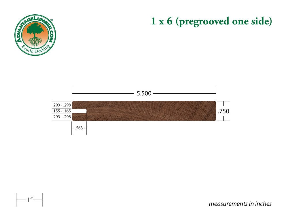 1 x 6 Mahogany (Red Balau) Wood One Sided Pre-Grooved Decking - Advantage Lumber