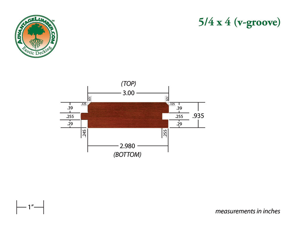 5/4 x 4 Brazilian Redwood (Massaranduba) Wood 45° V-Groove