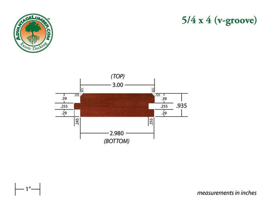 5/4 x 4 Brazilian Redwood (Massaranduba) Wood 45° V-Groove - Advantage Lumber