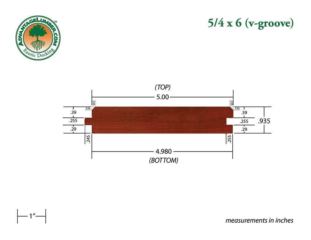 5/4 x 6 Brazilian Redwood (Massaranduba) Wood 45° V-Groove