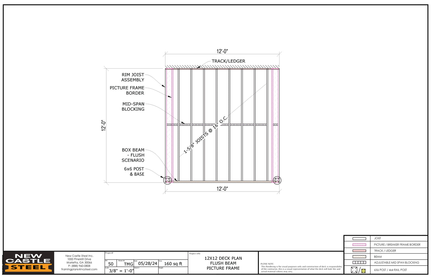 New Castle Steel Deck Framing Kit - 12x12 Deck, Flush Beam, Picture Frame