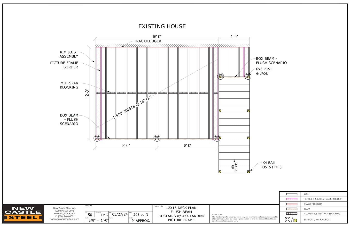 New Castle Steel Deck Framing Kit - 12x16 Deck, Flush Beam, Picture Frame, 14 Stairs with 4x4 Landing