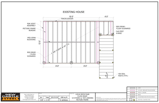 New Castle Steel Deck Framing Kit - 12x16 Deck, Flush Beam, Picture Frame, 14 Stairs with 4x4 Landing