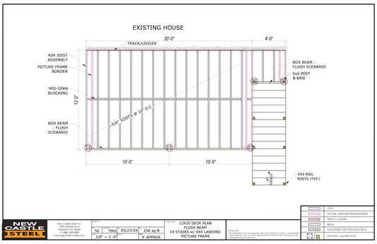 New Castle Steel Deck Framing Kit - 12x20 Deck, Flush Beam, Picture Frame, 14 Stairs with 4x4 Landing