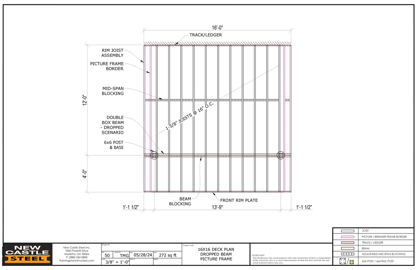 New Castle Steel Deck Framing Kit - 16x16 Deck, Dropped Beam, Picture Frame