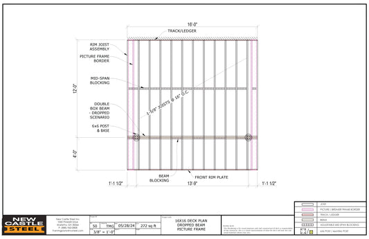 New Castle Steel Deck Framing Kit - 16x16 Deck, Dropped Beam, Picture Frame