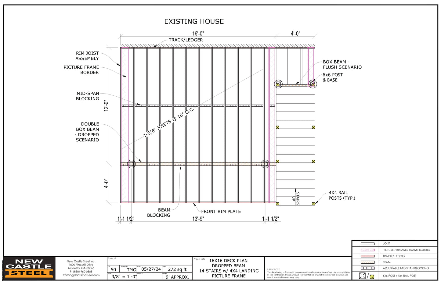 New Castle Steel Deck Framing Kit - 16x16 Deck, Dropped Beam, Picture Frame, 14 Stairs with 4x4 Landing