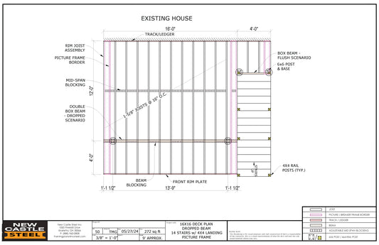 New Castle Steel Deck Framing Kit - 16x16 Deck, Dropped Beam, Picture Frame, 14 Stairs with 4x4 Landing