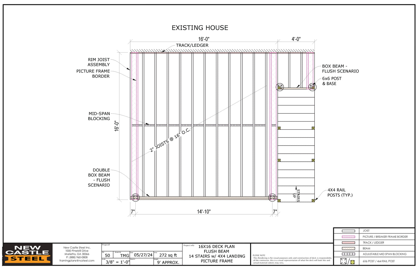 New Castle Steel Deck Framing Kit - 16x16 Deck, Flush Beam, Picture Frame, 14 Stairs with 4x4 Landing