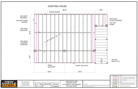 New Castle Steel Deck Framing Kit - 16x20 Deck, Dropped Beam, Picture Frame, 14 Stairs with 4x4 Landing