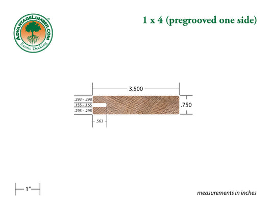 1x4 Western Red Cedar One-Sided Pre-Grooved - Appearance Grade - S1S2E/Green