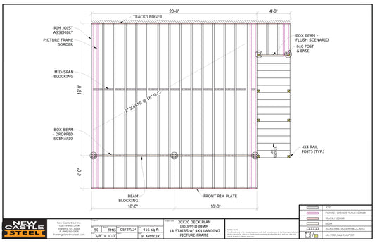 New Castle Steel Deck Framing Kit - 20x20 Deck, Dropped Beam, Picture Frame, 14 Stairs with 4x4 Landing