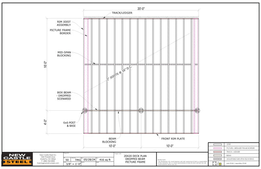 New Castle Steel Deck Framing Kit - 20x20 Deck, Dropped Beam, Picture Frame