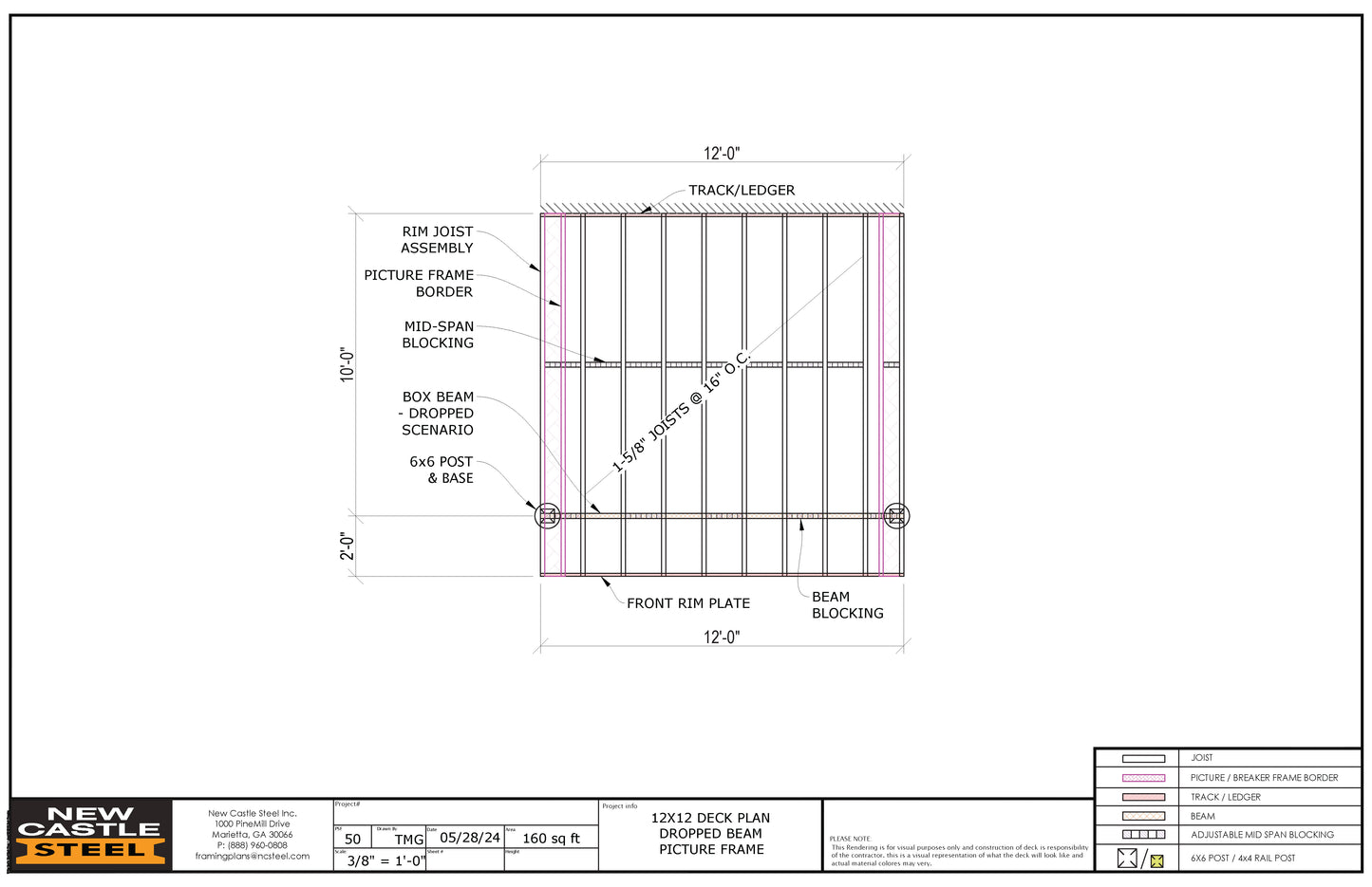 New Castle Steel Deck Framing Kit - 12x12 Deck, Dropped Beam, Picture Frame