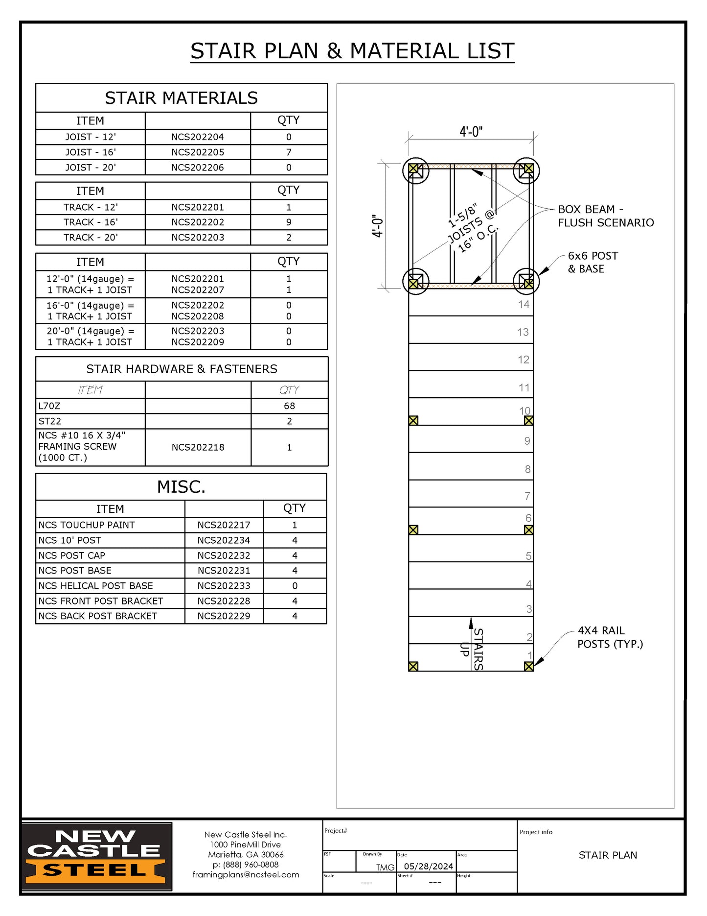 New Castle Steel Stair Framing Kit - 14 Stairs with 4x4 Landing