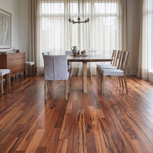 Tigerwood (Goncalo Alves, Muiracatiara, Brazilian Koa) Solid Flooring 0.75″ x 3.25″ Prefinished Satin, $5.82/sqft